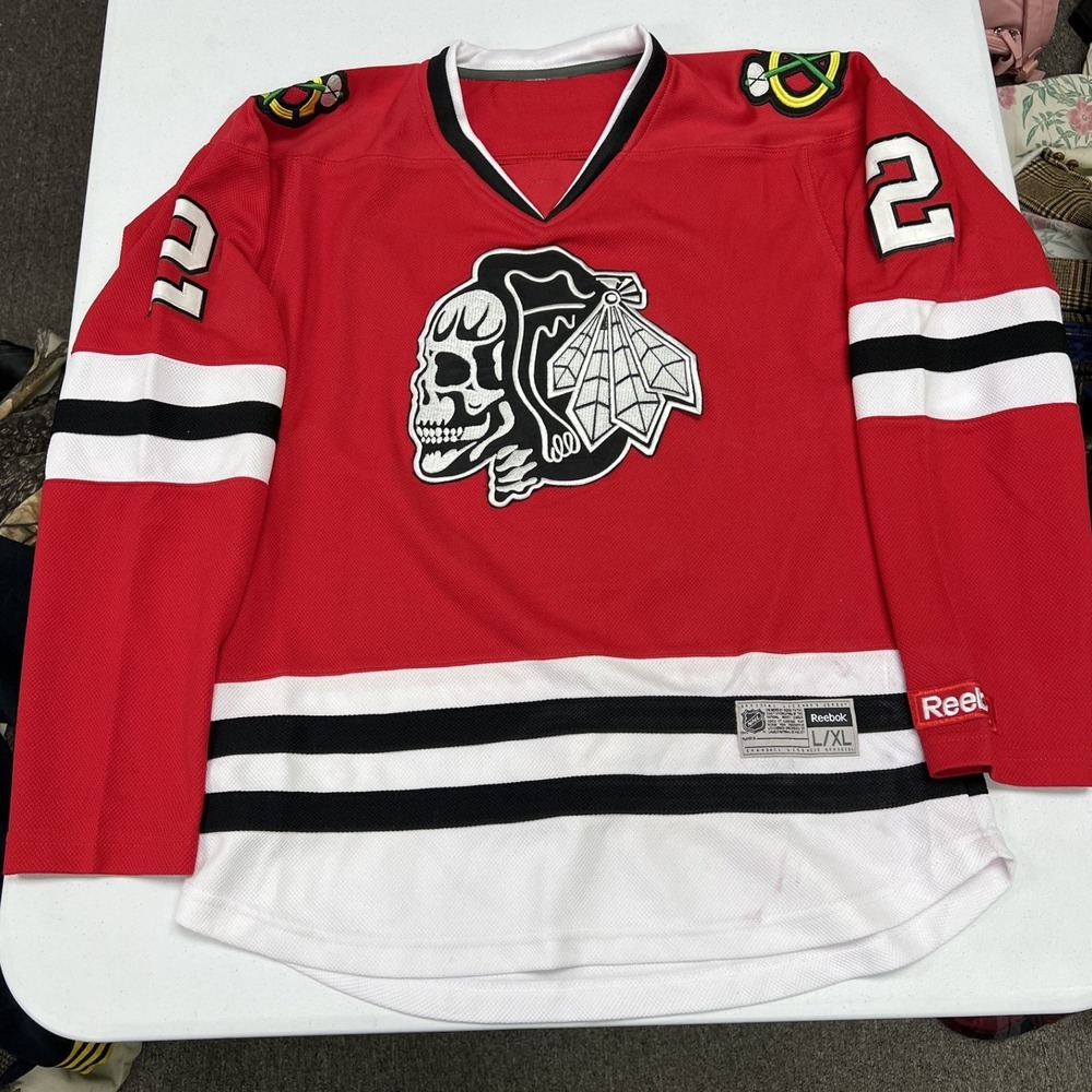 Reebok Hockey Jersey Kids L/XL Red Custom Skull Duncan Keith 2 Blackhawks